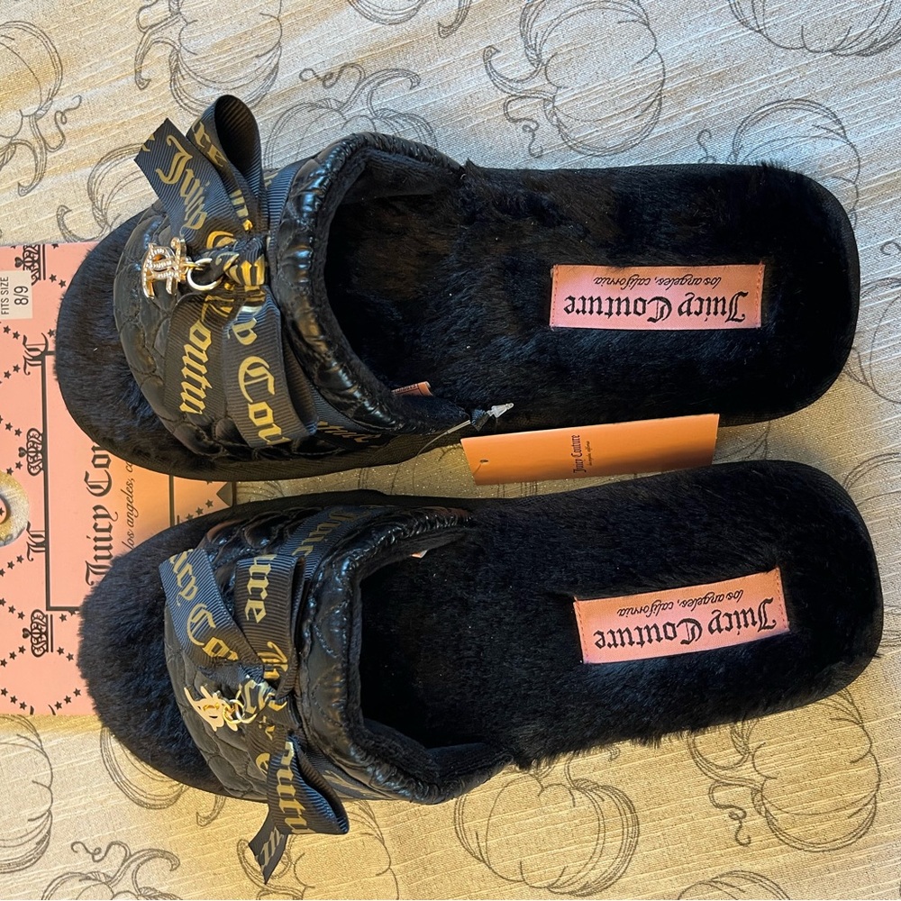 Juicy Couture Black Furry Slippers with Gold Accents